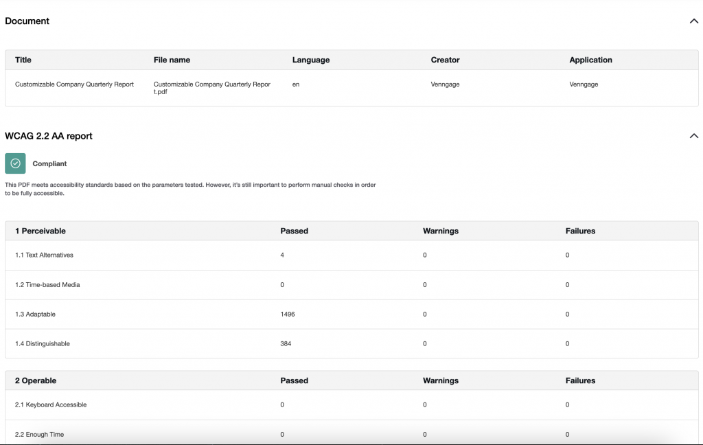 Venngage’s Free PDF Accessibility Checker sample report